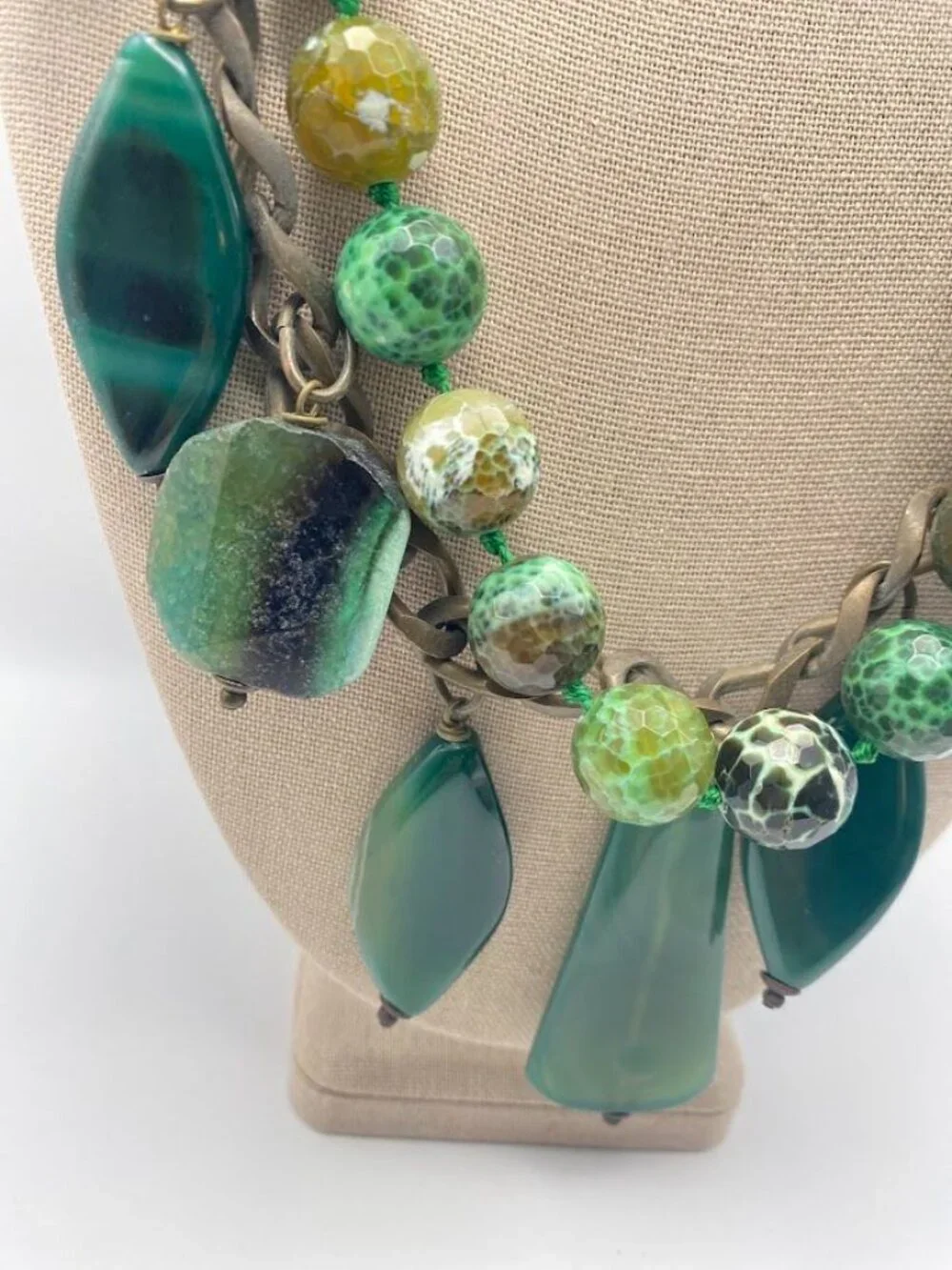 Jan Michaels San Francisco Green Agate Statement Necklace Artisan Brass